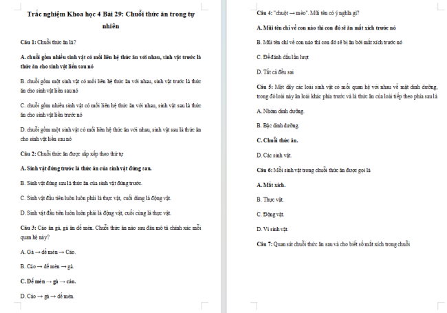 Trắc nghiệm Khoa học 4 Bài 29: Chuỗi thức ăn trong tự nhiên