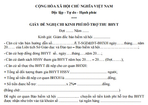 Mẫu giấy đề nghị chi kinh phí hỗ trợ thu BHYT học sinh sinh viên