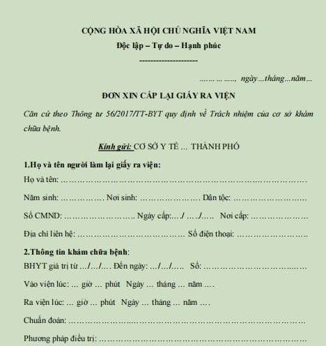 Mẫu đơn xin cấp lại giấy ra viện