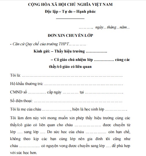 Mẫu đơn xin chuyển lớp cấp 3