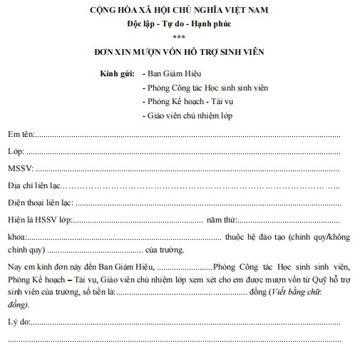 Mẫu đơn xin mượn vốn hỗ trợ sinh viên