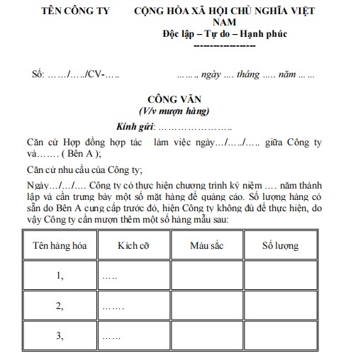 Mẫu công văn mượn hàng hóa