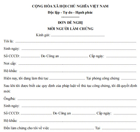 Mẫu đơn đề nghị mời người làm chứng