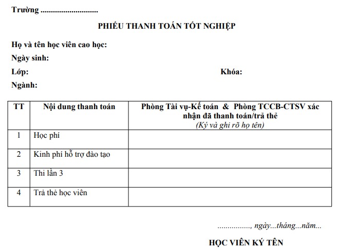 Mẫu phiếu thanh toán tốt nghiệp