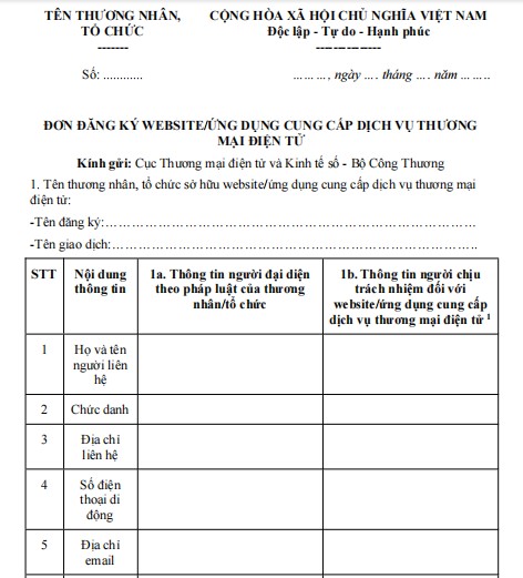 Đơn đăng ký Website cung cấp dịch vụ thương mại điện tử Mẫu đơn đăng ký Website cung cấp dịch vụ thương mại điện tử