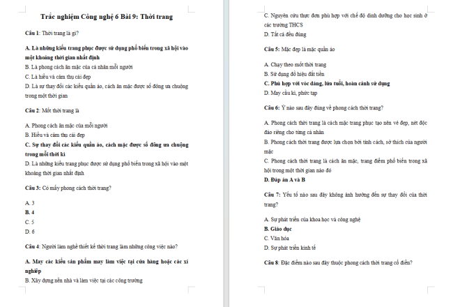 Trắc nghiệm Công nghệ 6 Bài 9