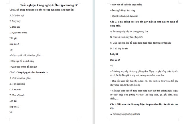 Trắc nghiệm Công nghệ 6 Ôn tập chương IV