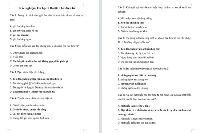 Trắc nghiệm Tin học 6 Bài 8