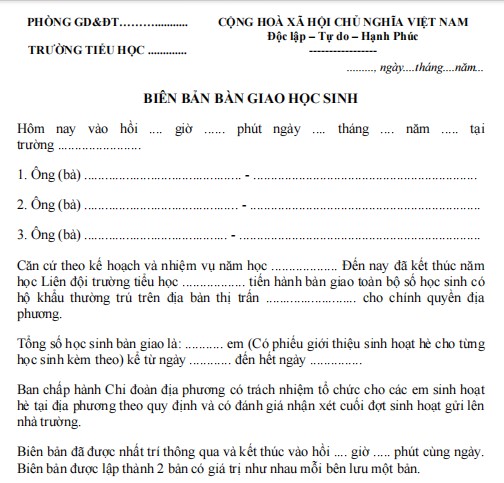 Mẫu biên bản bàn giao học sinh về sinh hoạt hè tại địa phương