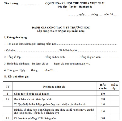 Mẫu đánh giá công tác y tế trường học mầm non
