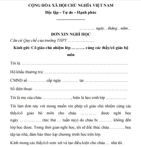 Mẫu đơn xin nghỉ học cấp 3