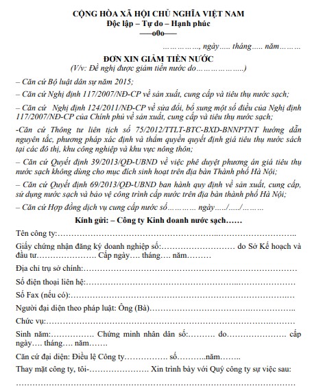 Mẫu đơn xin giảm tiền nước