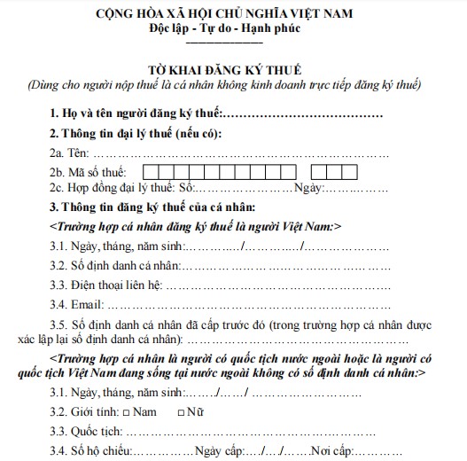 Mẫu 05-ĐK-TCT: Tờ khai đăng ký thuế (Dùng cho cá nhân không kinh doanh) 