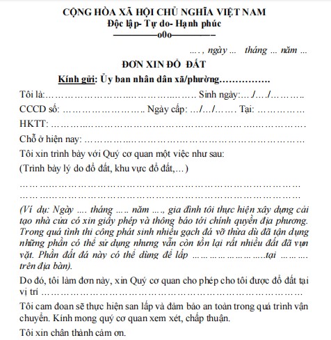 Mẫu đơn xin đổ đất