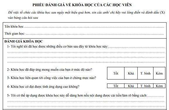 Mẫu phiếu đánh giá khóa học mới nhất Mẫu phiếu đánh giá khóa học