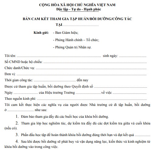 Mẫu bản cam kết tham gia tập huấn, bồi dưỡng, hội thảo