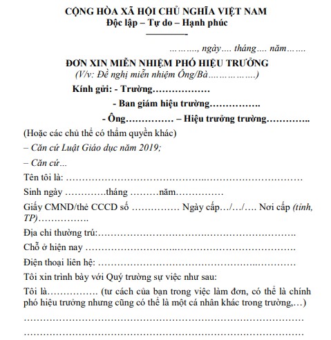 Mẫu đơn xin miễn nhiệm phó hiệu trưởng