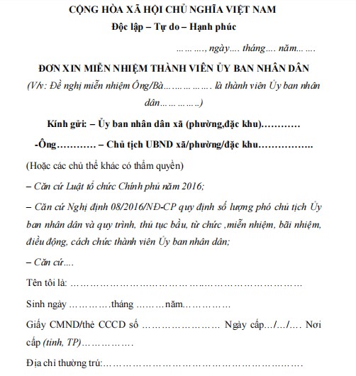 Mẫu đơn xin miễn nhiệm thành viên Ủy ban nhân dân