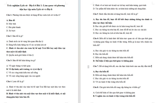 Trắc nghiệm Lịch sử - Địa lí 4 Bài 1
