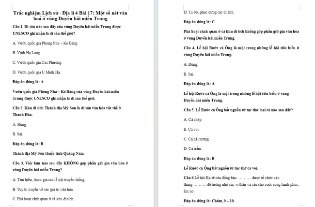 Trắc nghiệm Lịch sử - Địa lí 4 Bài 17