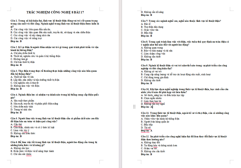 Bài tập trắc nghiệm Công nghệ 8 Bài 17