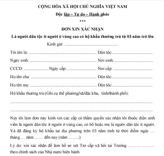 Mẫu đơn xin xác nhận là người dân tộc ít người ở vùng cao