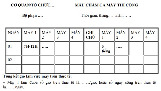 Mẫu chấm ca máy thi công