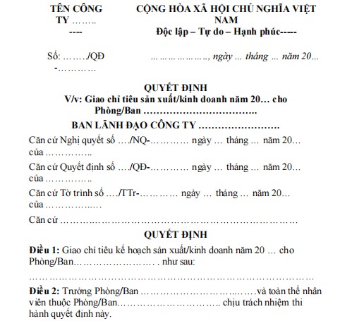Mẫu quyết định giao chỉ tiêu