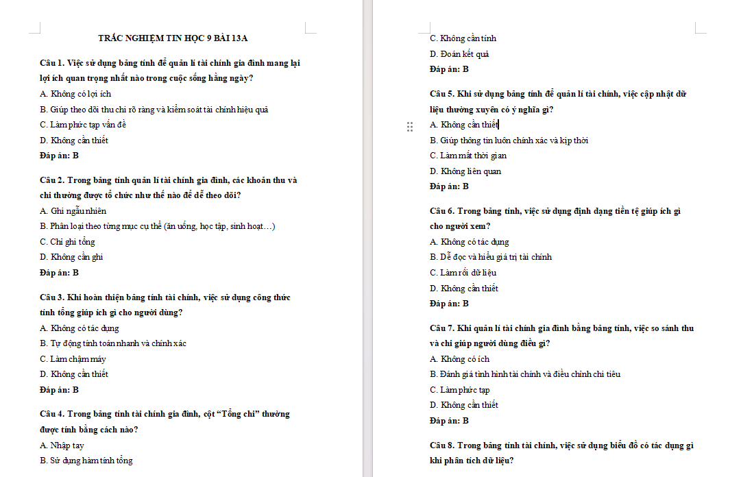 Bài tập trắc nghiệm Tin học 9 Bài 13a: