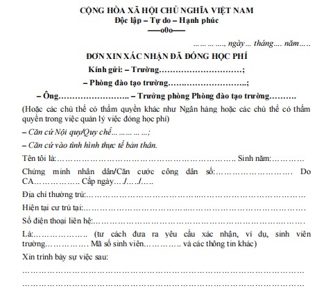 Mẫu đơn xin xác nhận đã đóng học phí