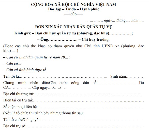 Mẫu đơn xin xác nhận dân quân tự vệ