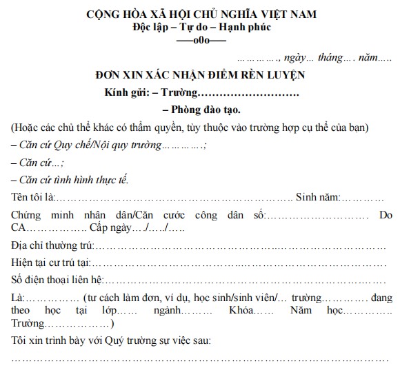 Mẫu đơn xin xác nhận điểm rèn luyện