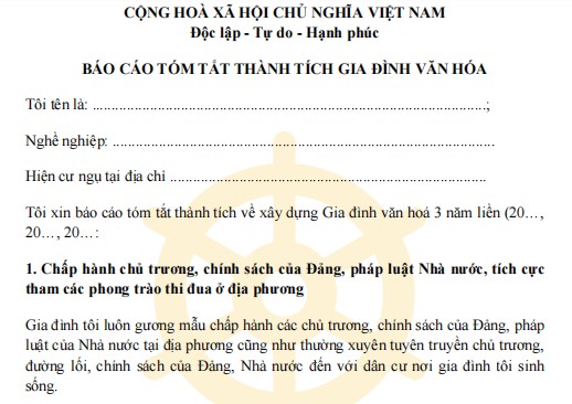 Báo cáo thành tích gia đình văn hóa tiêu biểu