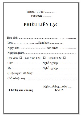 Mẫu phiếu liên lạc tiểu học