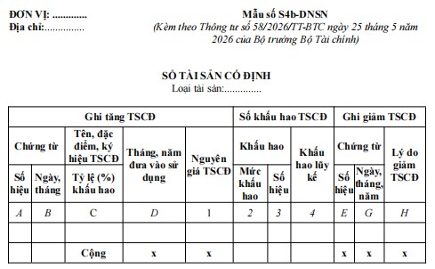 Mẫu số S03-DNSN: Sổ tài sản cố định