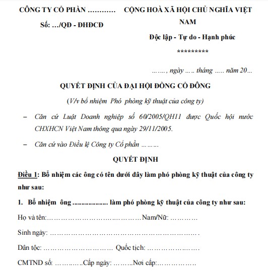 Mẫu quyết định bổ nhiệm phó phòng