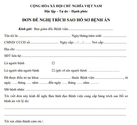 Đơn xin trích lục hồ sơ bệnh án