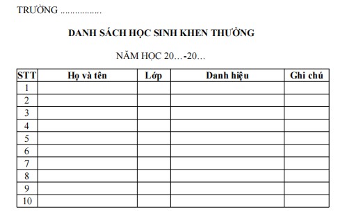 Mẫu danh sách học sinh khen thưởng năm học 2017-2018