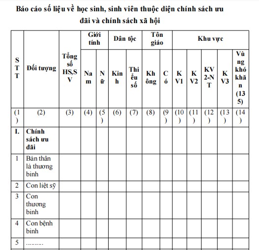Mẫu báo cáo ghi chép số liệu học sinh, sinh viên thuộc diện chính sách ưu đãi và chính sách xã hội