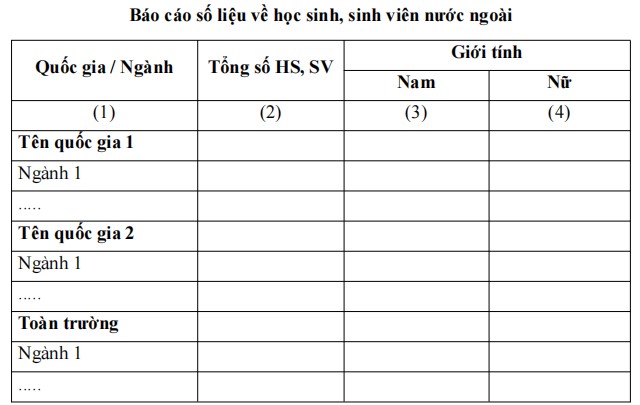 Mẫu báo cáo ghi chép số liệu học sinh, sinh viên nước ngoài