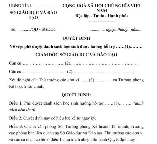 Mẫu quyết định về việc phê duyệt danh sách học sinh được hưởng hỗ trợ