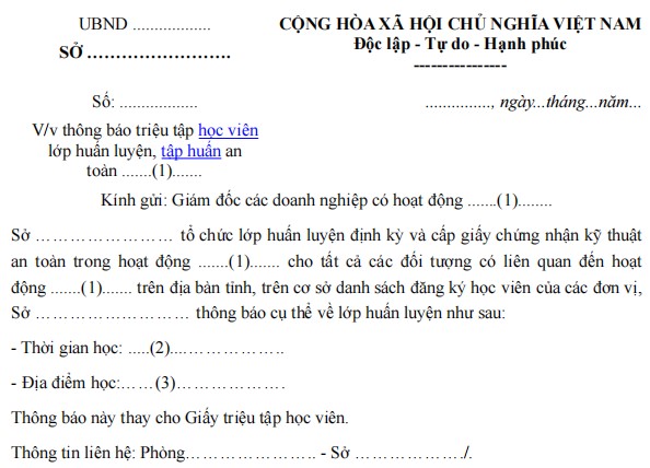 Mẫu công văn thông báo về việc triệu tập học viên lớp huấn luyện, tập huấn an toàn đào tạo