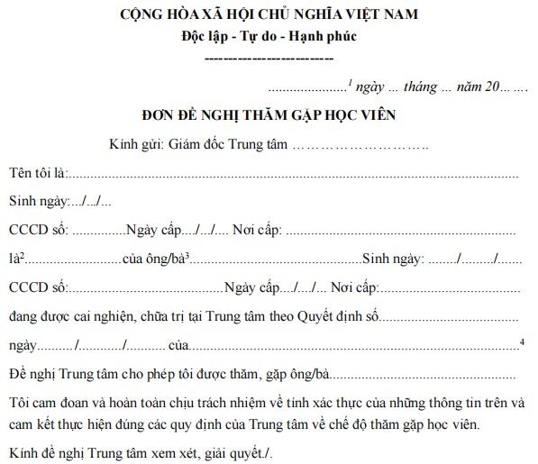 Mẫu đơn xin được thăm gặp học viên