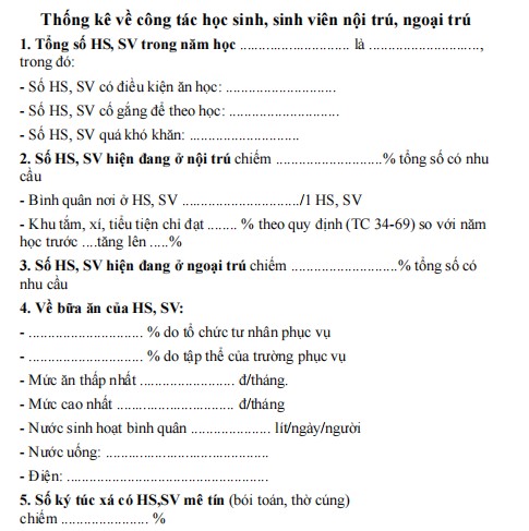 Mẫu bản thống kê về công tác học sinh, sinh viên nội trú, ngoại trú
