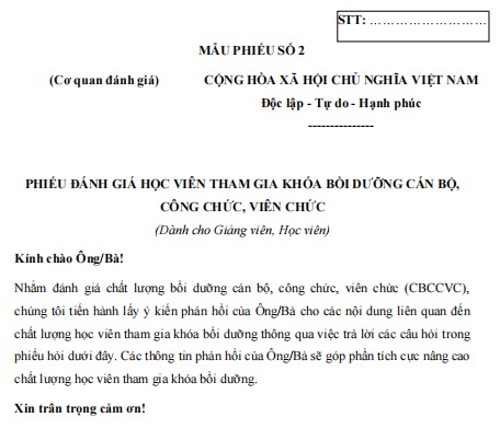 Phiếu đánh giá học viên tham gia bồi dưỡng cán bộ công chức viên chức