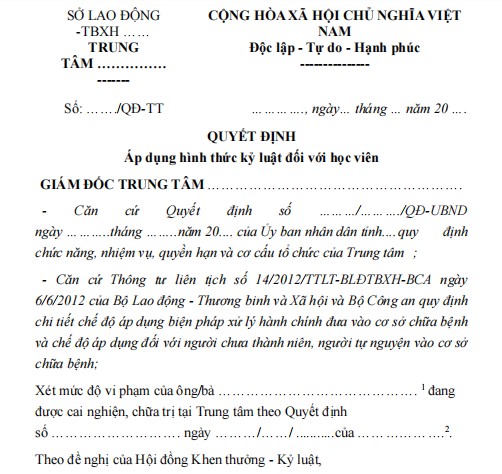 Mẫu quyết định về việc áp dụng hình thức kỷ luật đối với học viên