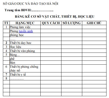 Mẫu bảng kê ghi chép về cơ sở vật chất, thiết bị, học liệu