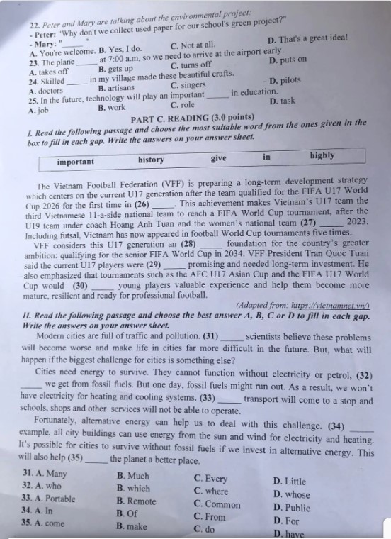 Đề thi vào lớp 10 môn Tiếng Anh Thanh Hóa 2026