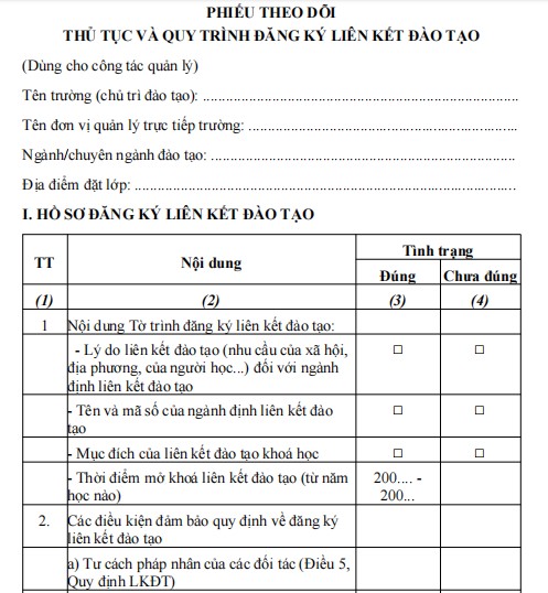 Mẫu phiếu theo dõi về thủ tục và quy trình đăng ký liên kết đào tạo