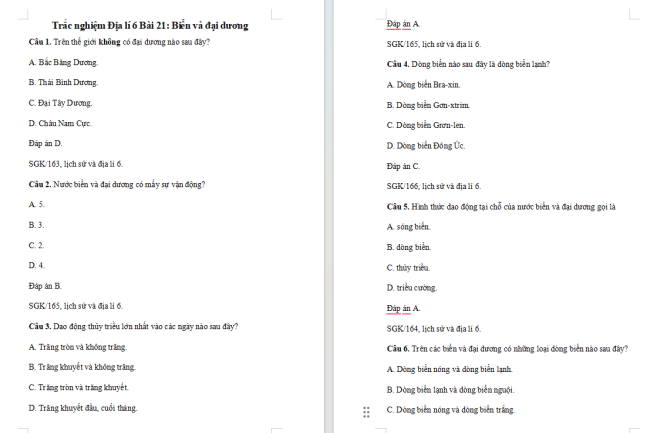 Trắc nghiệm Địa lí 6 Bài 21